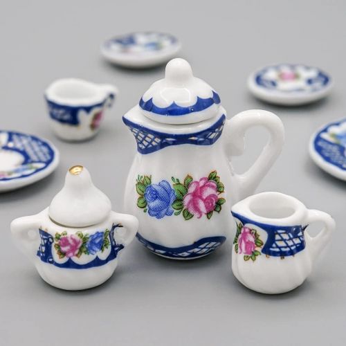  Odoria 1:12 Miniature 15Pcs Porcelain Tea Cup Sets Teapot Set Dollhouse Decoration Accessories, Blue Blossom