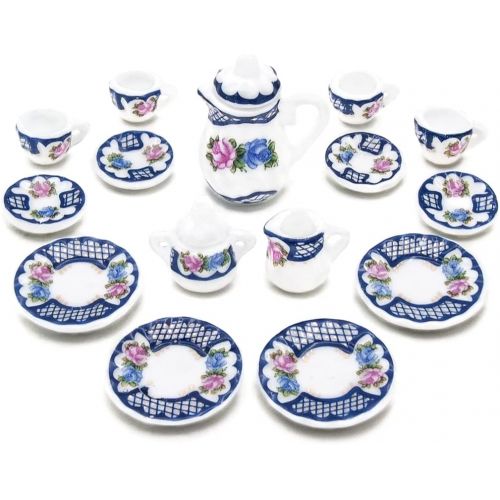  Odoria 1:12 Miniature 15Pcs Porcelain Tea Cup Sets Teapot Set Dollhouse Decoration Accessories, Blue Blossom