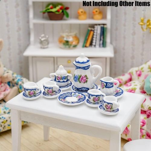  Odoria 1:12 Miniature 15Pcs Porcelain Tea Cup Sets Teapot Set Dollhouse Decoration Accessories, Blue Blossom