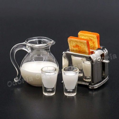  Odoria 1:12 Miniature Toaster Appliance Mini Pitcher Jug Milk Glasses Dollhouse Kitchen Food Accessories