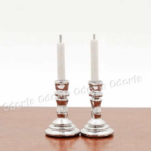  Odoria 1:12 Miniature Candle Holder Candlestick 2Pcs Dollhouse Vintage Furniture Accessories, Silver