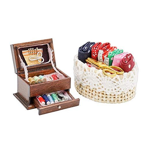  Odoria 1:12 Miniature 3-Tier Vintage Sewing Box Basket Scissor Needle Thread Tools Kit Dollhouse Decoration Accessories