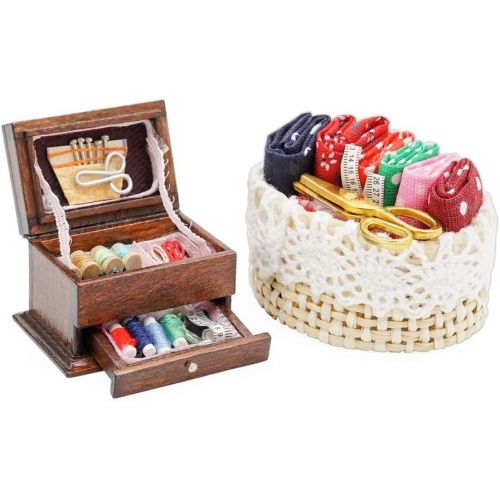  Odoria 1:12 Miniature 3-Tier Vintage Sewing Box Basket Scissor Needle Thread Tools Kit Dollhouse Decoration Accessories