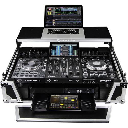  Odyssey Flight Zone Case with Laptop Platform and 2 RU Rackspace for Denon DJ Prime 4 (Silver-on-Black)