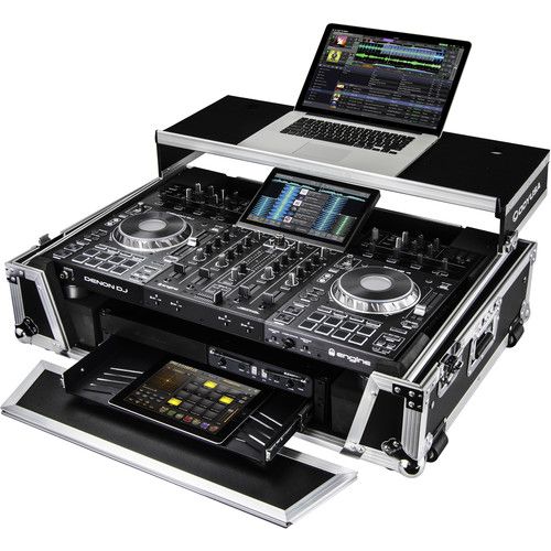  Odyssey Flight Zone Case with Laptop Platform and 2 RU Rackspace for Denon DJ Prime 4 (Silver-on-Black)