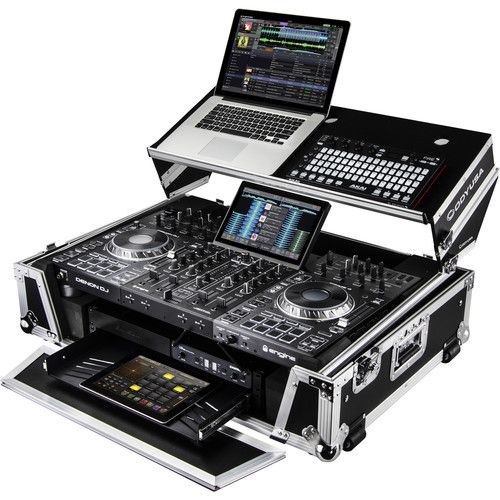  Odyssey Flight Zone Case with Laptop Platform and 2 RU Rackspace for Denon DJ Prime 4 (Silver-on-Black)