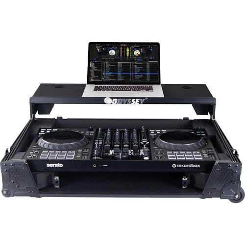  Odyssey Industrial Board Case for Pioneer DJ DDJ-FLX10 with Glide-Style Laptop Platform and Wheels (All Black, 1 RU)