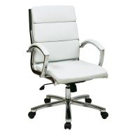 Office Star Mid Back Executive Faux Leather Chair with Chrome Finished Base and Padded Arms, White