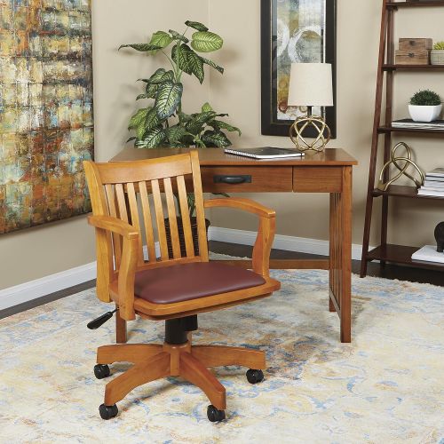  Office Star Deluxe Wood Bankers Desk Chair with Brown Vinyl Padded Seat, Fruit Wood