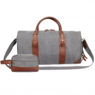 Oflamn 21 Large Duffle Bag Canvas Leather Weekender Overnight Travel Carry On Bag - Free Toiletries Bag (Grey)
