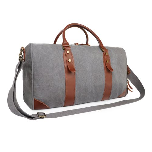  Oflamn 21 Large Duffle Bag Canvas Leather Weekender Overnight Travel Carry On Bag - Free Toiletries Bag (Grey)