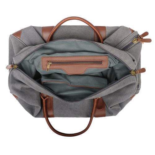  Oflamn 21 Large Duffle Bag Canvas Leather Weekender Overnight Travel Carry On Bag - Free Toiletries Bag (Grey)