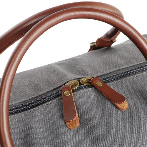  Oflamn 21 Large Duffle Bag Canvas Leather Weekender Overnight Travel Carry On Bag - Free Toiletries Bag (Grey)