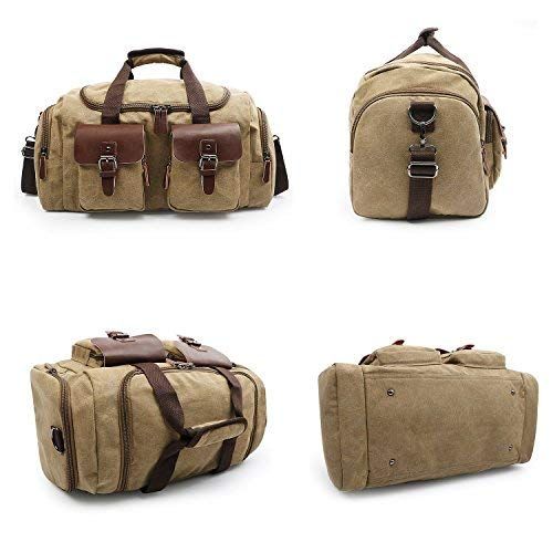  Oflamn PU Leather Canvas Duffle Bag Weekend Overnight Bag Travel Tote Duffel Luggage