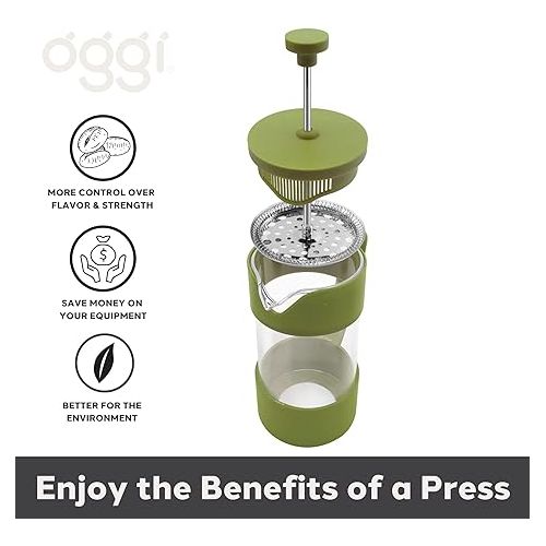  Oggi French Press Coffee Maker (12oz)- Borosilicate Glass, Coffee Press, Single Cup French Press, 3 cup Capacity, Olive