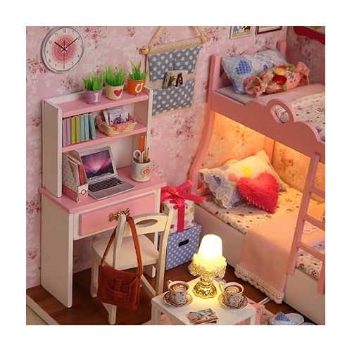  Ogrmar Wooden Dollhouse Miniatures DIY House Kit with Cover and Led Light-Blossom Age