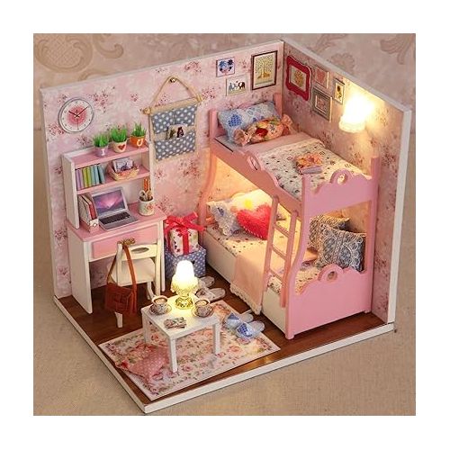  Ogrmar Wooden Dollhouse Miniatures DIY House Kit with Cover and Led Light-Blossom Age