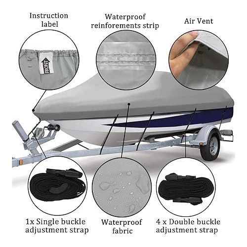  Ogrmar Heavy Duty Trailerable Waterproof Boat Cover with 2 Air Vent Marine Grade Polyester Boat Cover Fits V-Hull,Fishing Boat,Tri-Hull, Bass Boats,Pro-Style Cover (17-19ft, Grey)