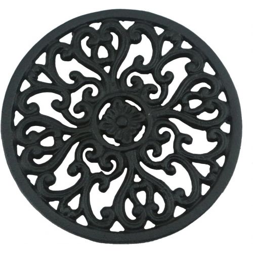  Ogrmar 6.6 Diameter Decorative Cast Iron Round Trivet with Vintage Pattern for Rustic Kitchen Or Dining Table with Rubber Pegs (6.6, Brownish black)