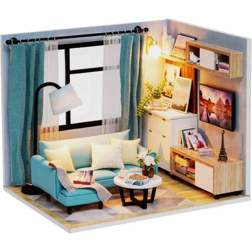  Ogrmar 1:24 Scale Dollhouse Miniature with Furniture, DIY Dollhouse Kit Plus Dust Proof & LED Light, Creative Room Toys for Children Gift (Corner of Living Room)