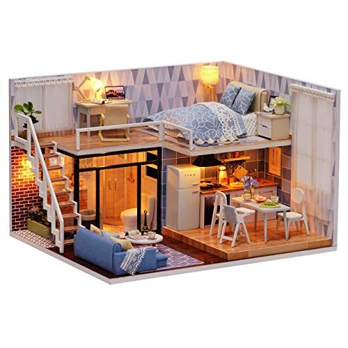  Ogrmar Dollhouse Miniature with Furniture, DIY Dollhouse Kit Plus Dust Proof & LED Light, Creative Room Toys for Children Gift (Blue Time)