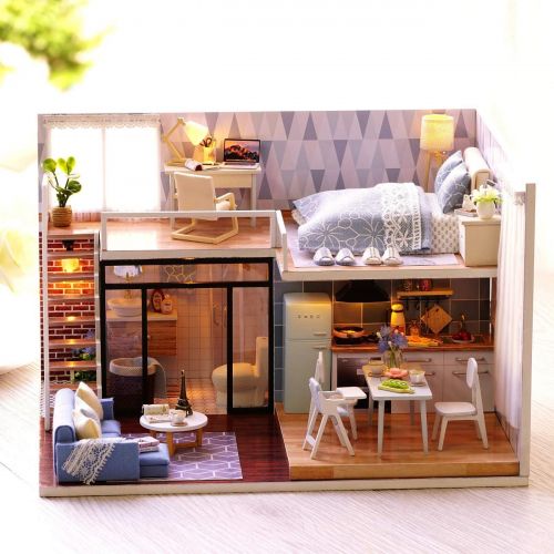  Ogrmar Dollhouse Miniature with Furniture, DIY Dollhouse Kit Plus Dust Proof & LED Light, Creative Room Toys for Children Gift (Blue Time)