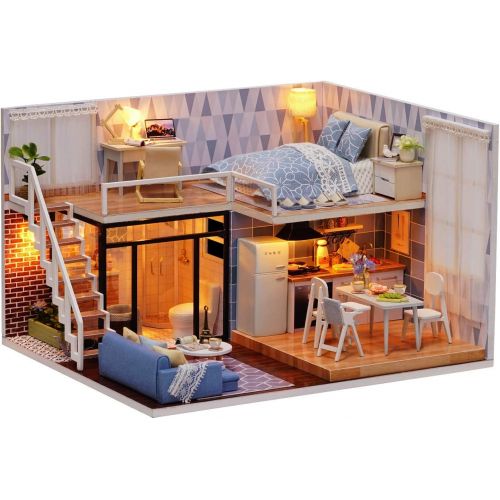  Ogrmar Dollhouse Miniature with Furniture, DIY Dollhouse Kit Plus Dust Proof & LED Light, Creative Room Toys for Children Gift (Blue Time)