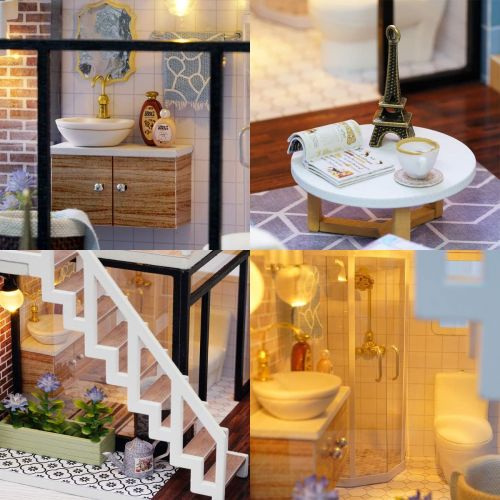  Ogrmar Dollhouse Miniature with Furniture, DIY Dollhouse Kit Plus Dust Proof & LED Light, Creative Room Toys for Children Gift (Blue Time)