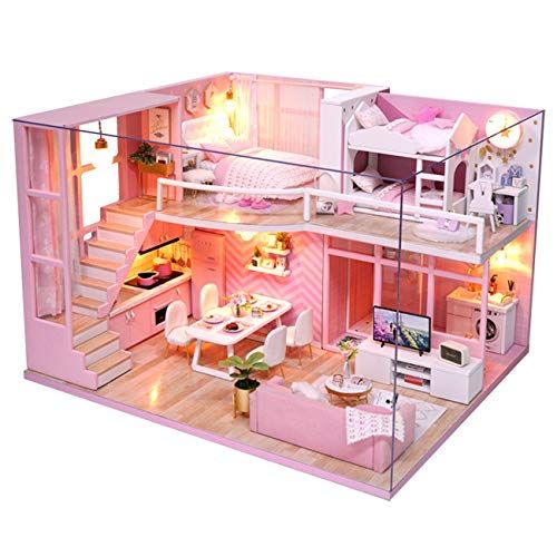  Ogrmar 1:24 Scale Dollhouse Miniature with Furniture, DIY Dollhouse Handmade Mini Apartment Model Kit Plus Dust Cover & LED Light, Creative Room Toys for Children Gift (Dream Angel