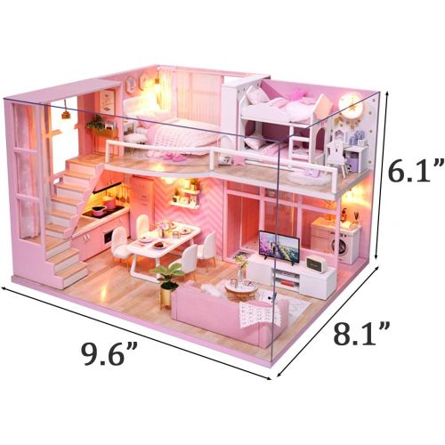  Ogrmar 1:24 Scale Dollhouse Miniature with Furniture, DIY Dollhouse Handmade Mini Apartment Model Kit Plus Dust Cover & LED Light, Creative Room Toys for Children Gift (Dream Angel