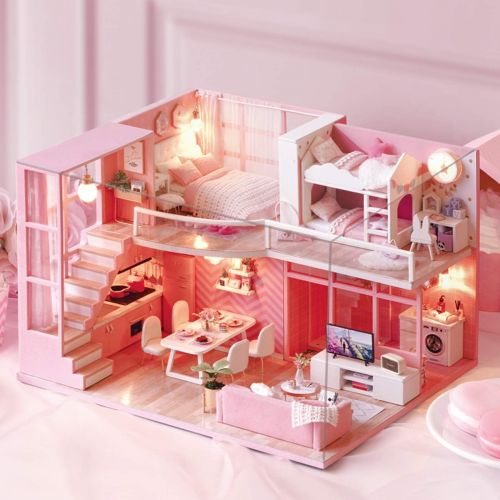  Ogrmar 1:24 Scale Dollhouse Miniature with Furniture, DIY Dollhouse Handmade Mini Apartment Model Kit Plus Dust Cover & LED Light, Creative Room Toys for Children Gift (Dream Angel