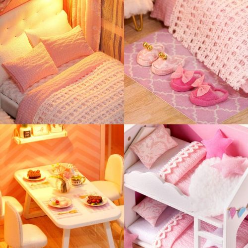  Ogrmar 1:24 Scale Dollhouse Miniature with Furniture, DIY Dollhouse Handmade Mini Apartment Model Kit Plus Dust Cover & LED Light, Creative Room Toys for Children Gift (Dream Angel