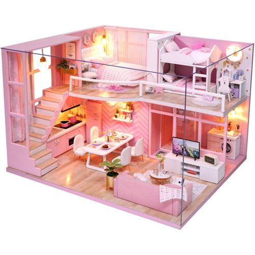  Ogrmar 1:24 Scale Dollhouse Miniature with Furniture, DIY Dollhouse Handmade Mini Apartment Model Kit Plus Dust Cover & LED Light, Creative Room Toys for Children Gift (Dream Angel