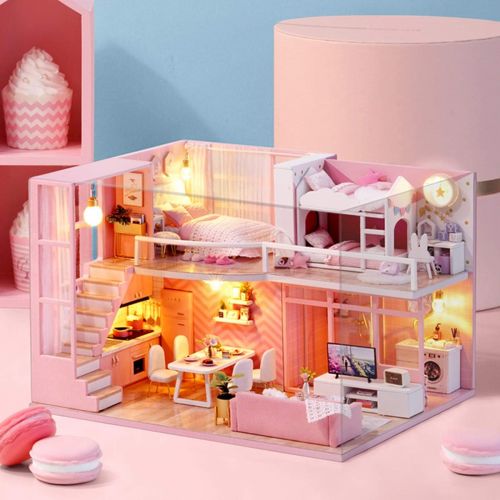  Ogrmar 1:24 Scale Dollhouse Miniature with Furniture, DIY Dollhouse Handmade Mini Apartment Model Kit Plus Dust Cover & LED Light, Creative Room Toys for Children Gift (Dream Angel