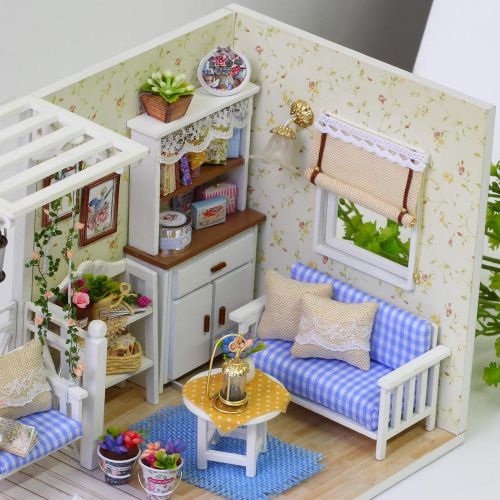  Ogrmar Wooden Dollhouse Miniatures DIY House Kit with Cover and Led Light-Cat Diary