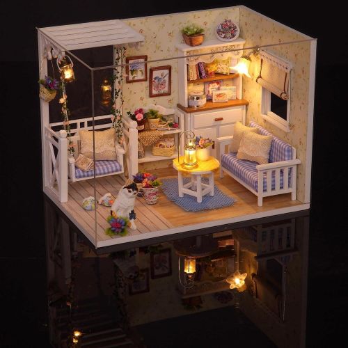  Ogrmar Wooden Dollhouse Miniatures DIY House Kit with Cover and Led Light-Cat Diary