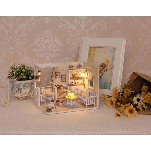  Ogrmar Wooden Dollhouse Miniatures DIY House Kit with Cover and Led Light-Cat Diary