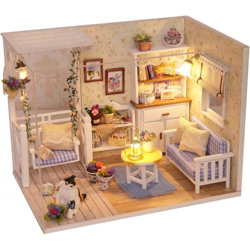  Ogrmar Wooden Dollhouse Miniatures DIY House Kit with Cover and Led Light-Cat Diary