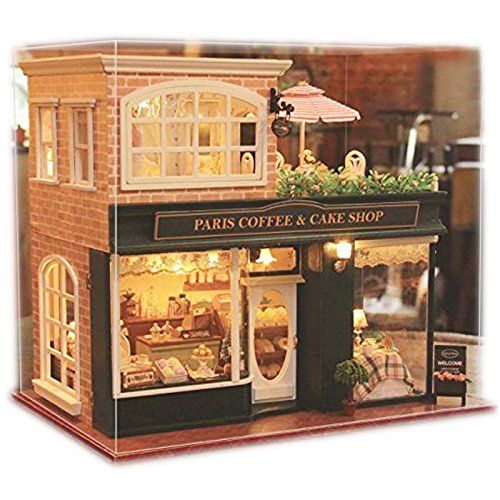  Ogrmar Wooden Dollhouse Miniatures DIY House Kit with Led Light and Dust Cover-Paris Coffee & Cake Shop