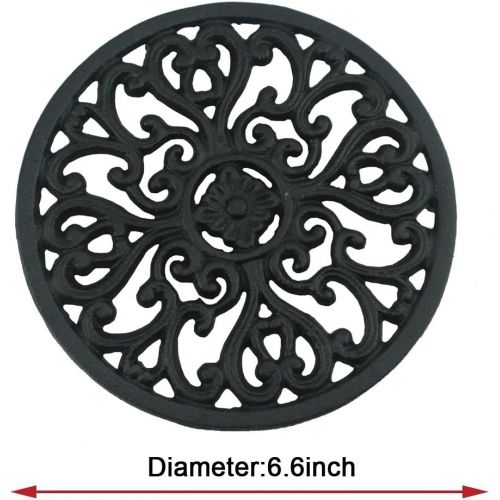  Ogrmar 6.6 Diameter Decorative Cast Iron Round Trivet with Vintage Pattern for Rustic Kitchen Or Dining Table with Rubber Pegs (6.6, Brownish black)