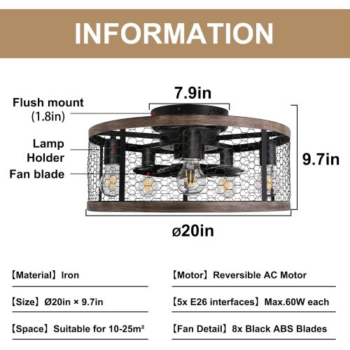  Ohniyou 20 Flush Mount Caged Ceiling Fan with Lights Remote Control, Farmhouse Rustic Low Profile Ceiling Fans with Lights Small Vintage Enclosed Ceiling Fan Lighting Fixture for B