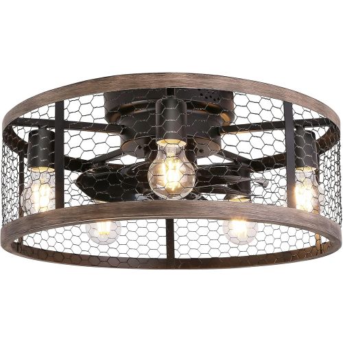  Ohniyou 20 Flush Mount Caged Ceiling Fan with Lights Remote Control, Farmhouse Rustic Low Profile Ceiling Fans with Lights Small Vintage Enclosed Ceiling Fan Lighting Fixture for B