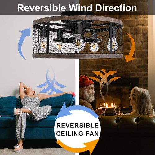 Ohniyou 20 Flush Mount Caged Ceiling Fan with Lights Remote Control, Farmhouse Rustic Low Profile Ceiling Fans with Lights Small Vintage Enclosed Ceiling Fan Lighting Fixture for B