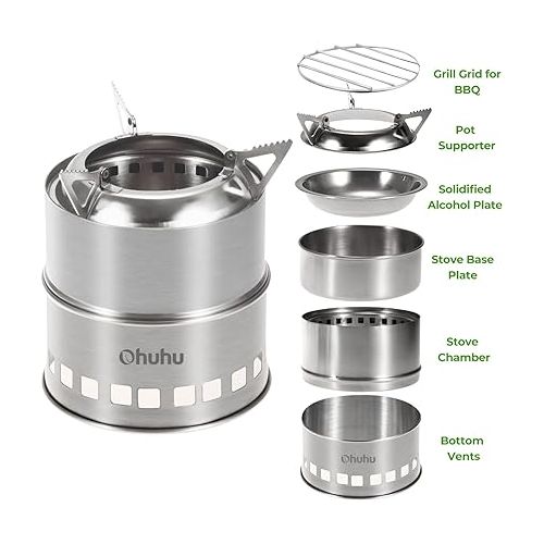  Camp Stove, Ohuhu Camping Stove Wood Burning Stove Stainless Steel Mini Portable Backpacking Survival Stoves for Picnic BBQ Camping Hiking Cooking Emergency with Grill Grid Carry Bag