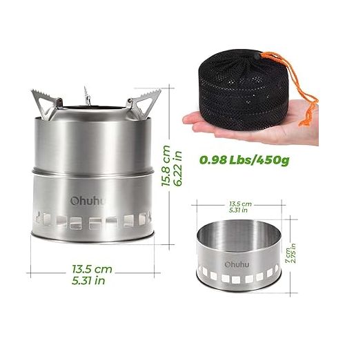  Camp Stove, Ohuhu Camping Stove Wood Burning Stove Stainless Steel Mini Portable Backpacking Survival Stoves for Picnic BBQ Camping Hiking Cooking Emergency with Grill Grid Carry Bag