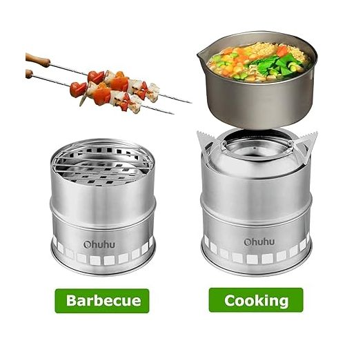 Camp Stove, Ohuhu Camping Stove Wood Burning Stove Stainless Steel Mini Portable Backpacking Survival Stoves for Picnic BBQ Camping Hiking Cooking Emergency with Grill Grid Carry Bag