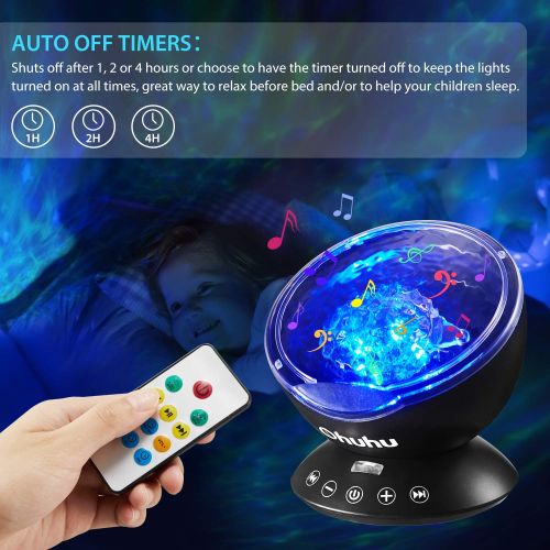  Ocean Wave Night Light Projector, Ohuhu Remote Control Projection lamp Rotation Northern Light Projector Mood Light, Upgraded 12 LED 7 Colors for Baby Nursery, Adults and Kids Chri