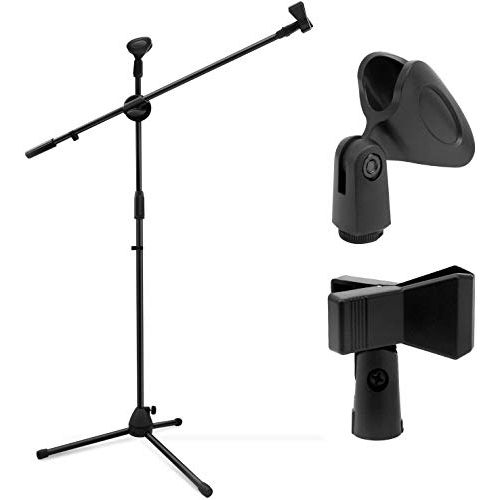  Microphone Stand, Ohuhu Tripod Mic Stand Boom with Mic Clips, Height Adjustable, Light Weight, Black