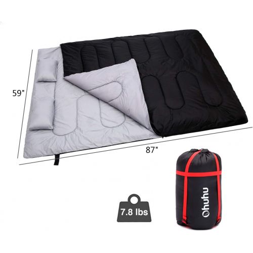  Double Sleeping Bags for Adults, Ohuhu Double Sleeping Bag Warm Weather Sleeping Bag with 2 Pillows, Waterproof Queen 2 Person Sleeping Bag for Family Adults Kids Teens Camping Hik