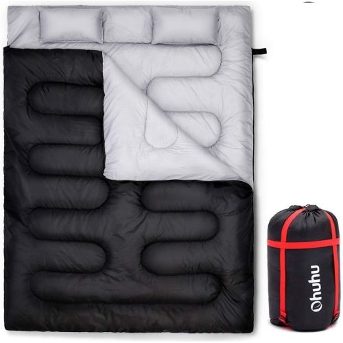  Double Sleeping Bags for Adults, Ohuhu Double Sleeping Bag Warm Weather Sleeping Bag with 2 Pillows, Waterproof Queen 2 Person Sleeping Bag for Family Adults Kids Teens Camping Hik